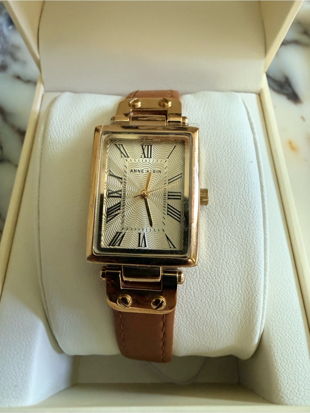 Anne Klein Gold Rectangular Case with Brown Leather Strap Watch